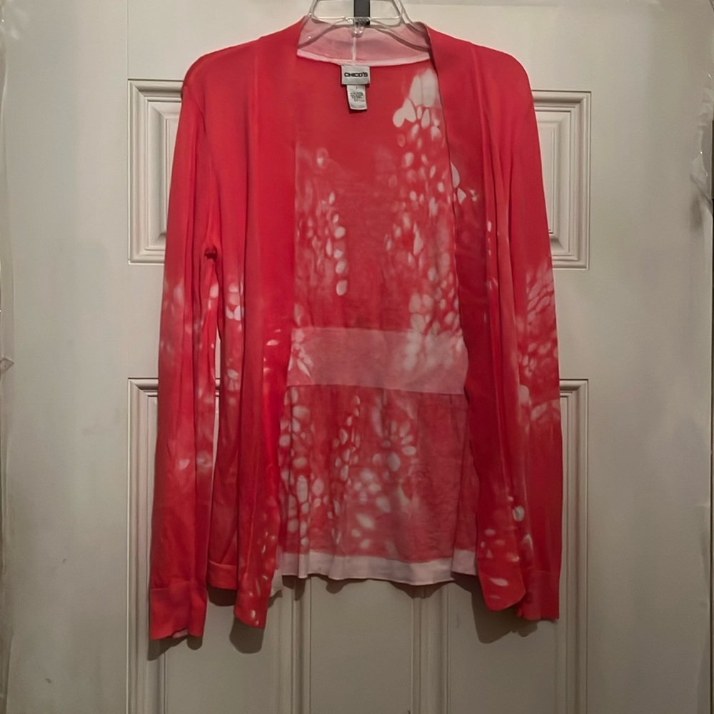 Chico's Pink and White Tie-Dye Open Front Cardigan Size 1